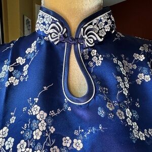 Blue Silk Chinese Dress with white flowers